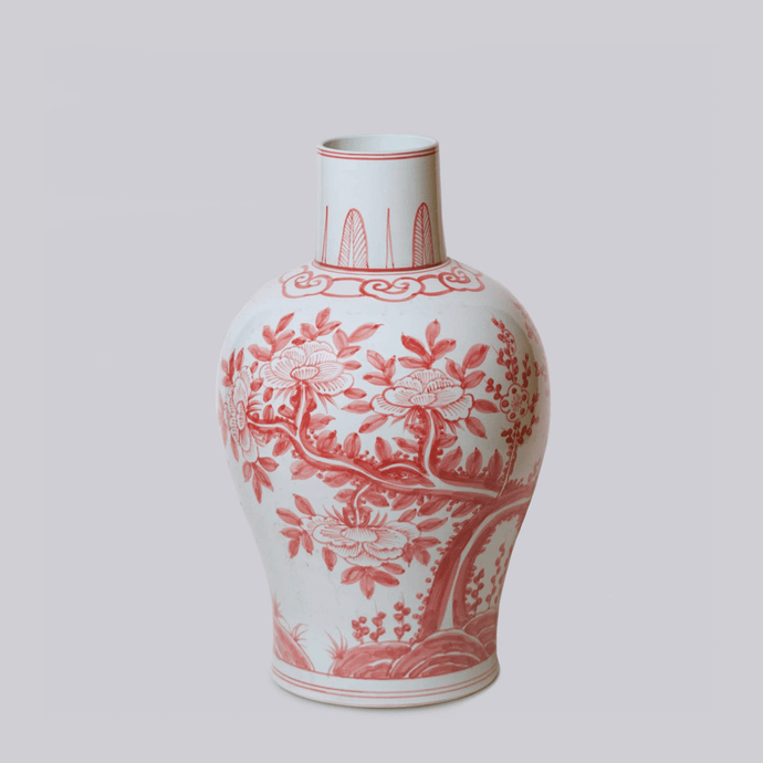 Rustic Red and White Porcelain Blossoms Vase Sculpture & Decorative Art Cobalt Guild 