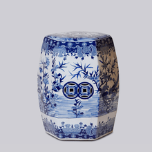 Load image into Gallery viewer, Floral Hexagonal Blue and White Porcelain Garden Seat Stools Cobalt Guild 

