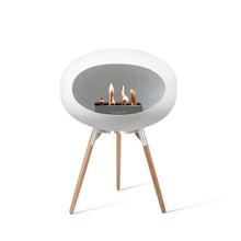Load image into Gallery viewer, Bioethanol Fireplace Dome, White 31&quot;h Fireplace Le Feu Polished Steel Bowl Soaptreated Oak Legs 
