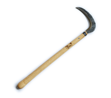 Load image into Gallery viewer, Side view of an extra-long wooden handled, hand-held sickle with a rough-hewn short curved blade.
