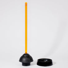 Load image into Gallery viewer, Image of a yellow handle plunger with black rubber base set outdie of its black holding base on a white background.
