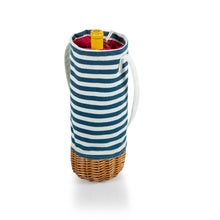 Load image into Gallery viewer, Insulated Canvas &amp; Willow Wine Bottle Basket Totes Picnic Time Blue &amp; White Stripe 

