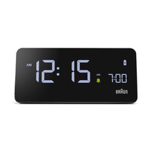 Load image into Gallery viewer, Front view of black digital clock against a white background. The clock face is black and can be illuminated.
