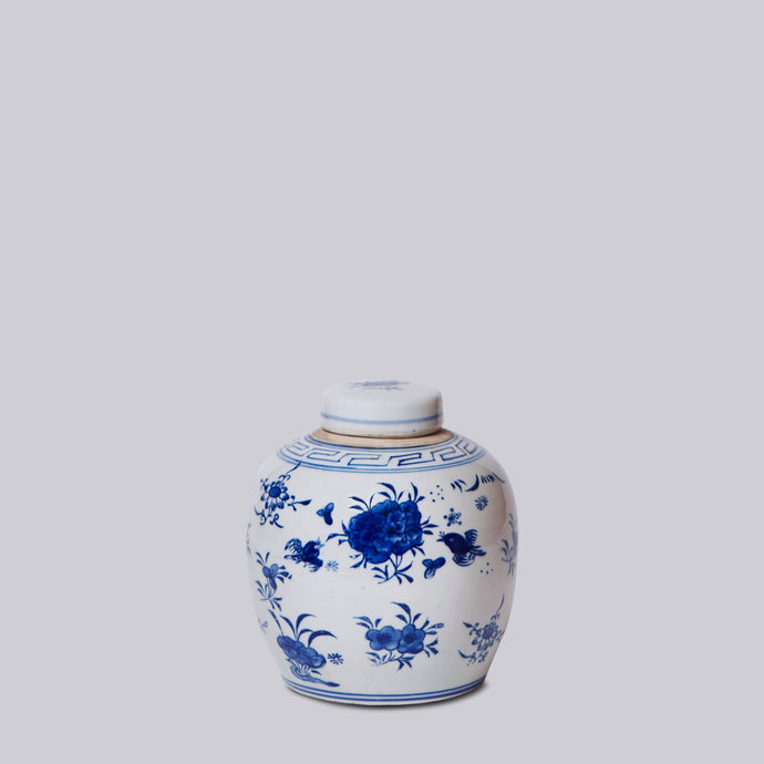 Blue and White Porcelain Bouquet Lidded Round Storage Jar Sculpture & Decorative Art Cobalt Guild 