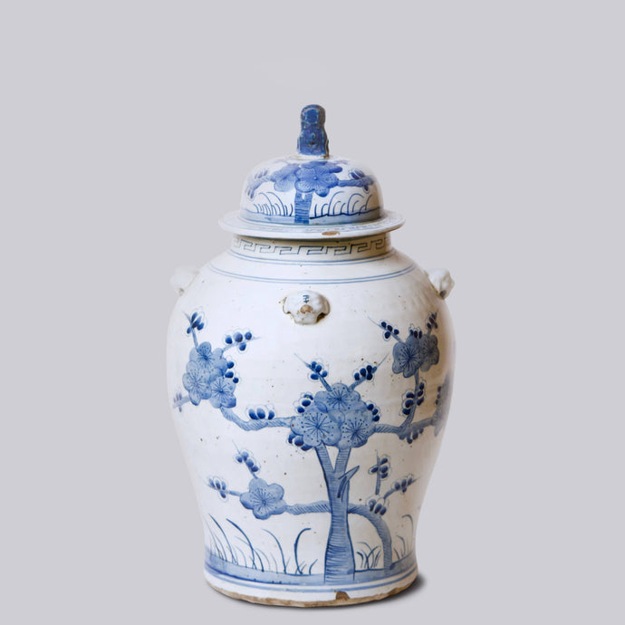 Cherry Blossom Blue and White Porcelain Temple Jar Sculpture & Decorative Art Cobalt Guild 