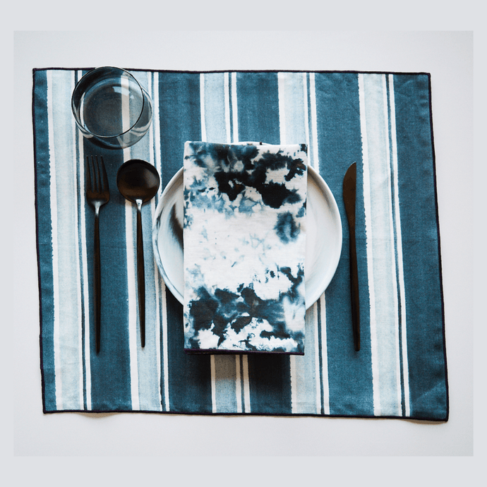 Grey/Blue Stripe with Grey Marble Set Placemats Goldie Home Grey/Blue Stripe Placemats with Grey Marble Napkins 