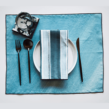 Load image into Gallery viewer, Blue Sunbeam with Grey Marble or Grey/Marble Stripe Set Placemats Goldie Home Blue Sunbeam Placemats with Blue/Grey Stripe Napkins 
