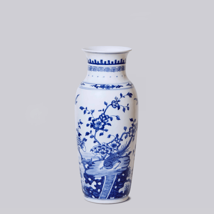 Bird and Flower Blue and White Porcelain Mallet Vase Vases Cobalt Guild 