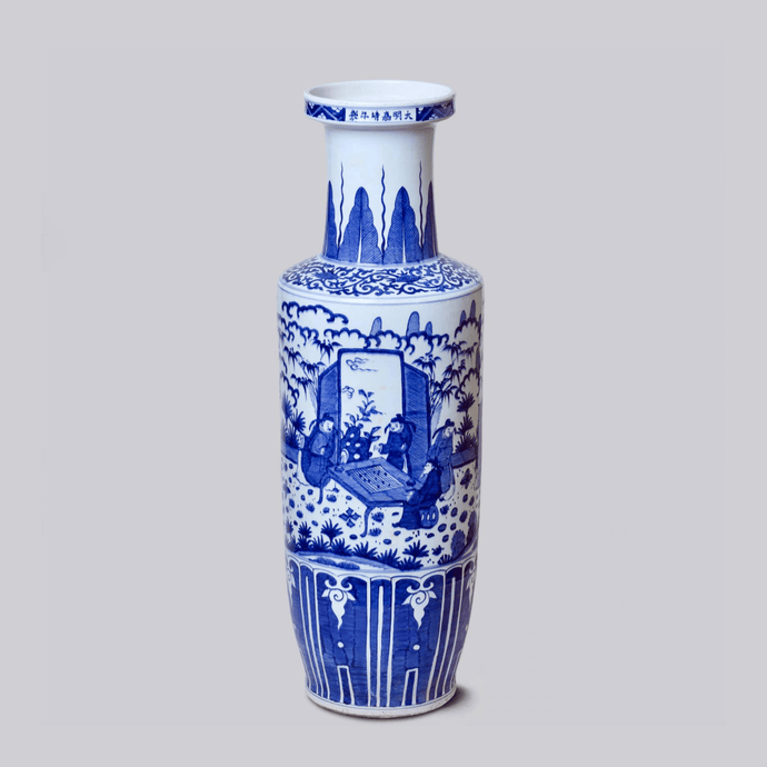 Tall Blue and White Porcelain Scholars Mallet Vase Vases Cobalt Guild 