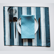 Load image into Gallery viewer, Blue Sunbeam with Grey Marble or Grey/Marble Stripe Set Placemats Goldie Home Grey/Blue Stripe Placemats with Blue Sunbeam Napkins 
