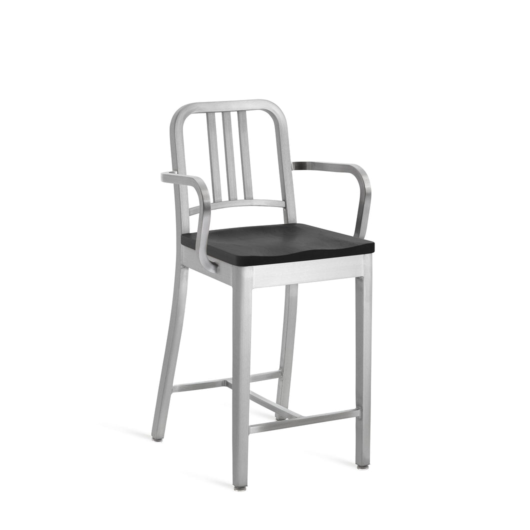 1104 Navy Barstool with Arms Emeco Black Oak Brushed 