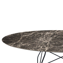 Load image into Gallery viewer, Glossy Outdoor Oval Table in Marble Finish OUTDOOR FURNITURE Kartell Marble Finish Brown Emperador Top and Black Painted Steel Frame 
