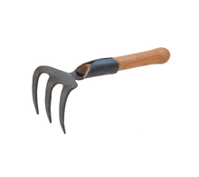 Load image into Gallery viewer, Angled side view of a metal 3 tine garden rake with wooden handle.
