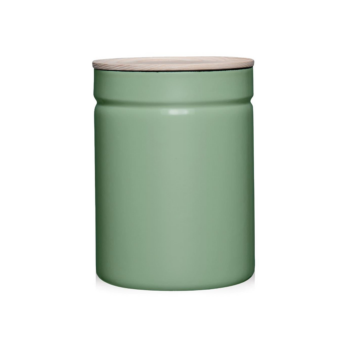 Side view of a tall green round container with a wood top.