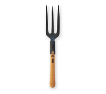 Load image into Gallery viewer, Top down view of a handheld garden fork in metal with a wooden handle.
