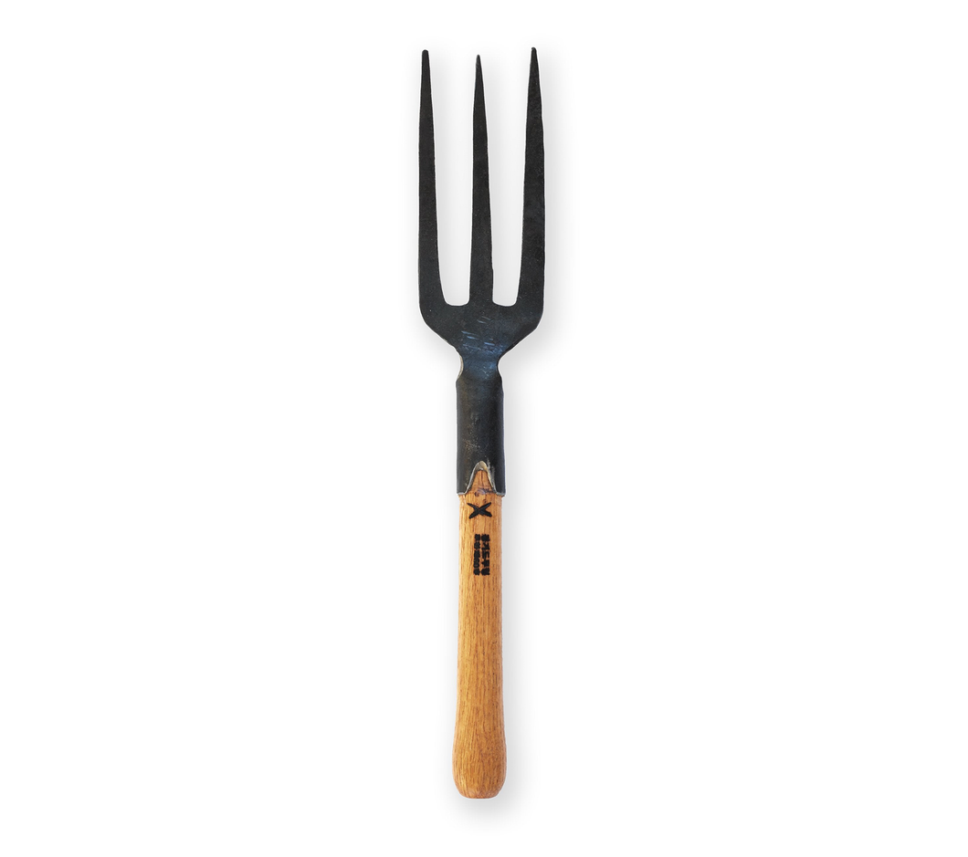 Top down view of a handheld garden fork in metal with a wooden handle.