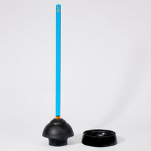 Load image into Gallery viewer, Image of a blue handle plunger with black rubber base set outdie of its black holding base on a white background.

