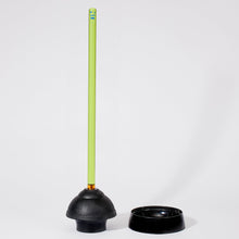 Load image into Gallery viewer, Image of a green handle plunger with black rubber base set outdie of its black holding base on a white background.
