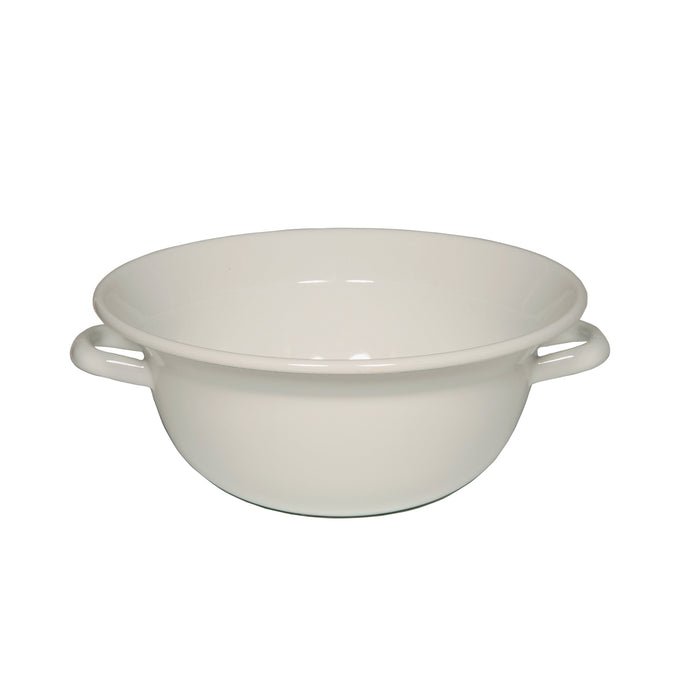 Side view of a white bowl with two handles.