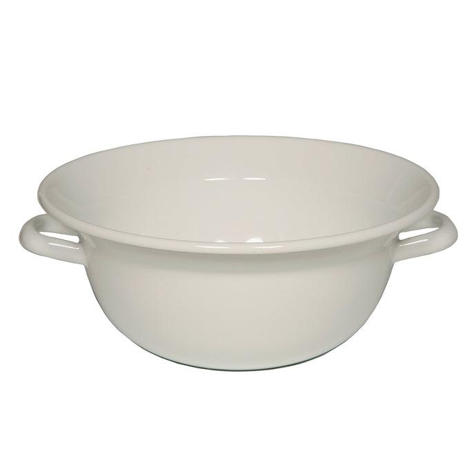 Side view of a white bowl with wide opening and two handles.
