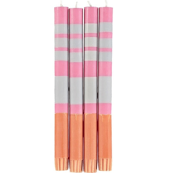 STRIPED Orange Flame, Willow & Neyron Rose Eco Dinner Candles, Gift Box of 4 Candles & Matches British Colour Standard 