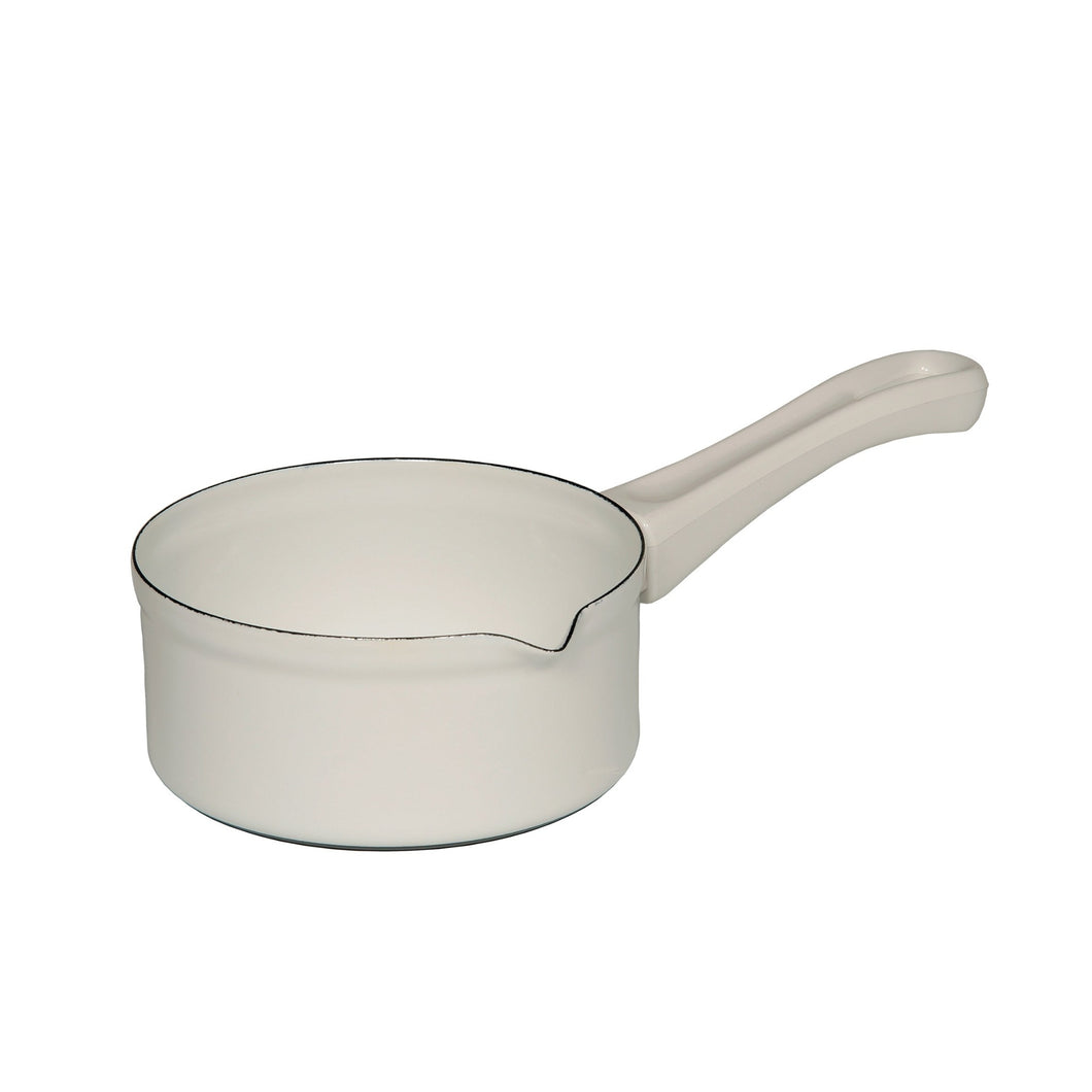 Side angle view of a white pan with a slight indented spout with a white handle
