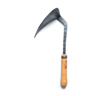 Load image into Gallery viewer, Side view of a rough hewn, hand-hammered metal hook shaped blade with a wooden handle.
