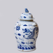 Load image into Gallery viewer, Blue and White Porcelain Dragon Temple Jar Sculpture &amp; Decorative Art Cobalt Guild 

