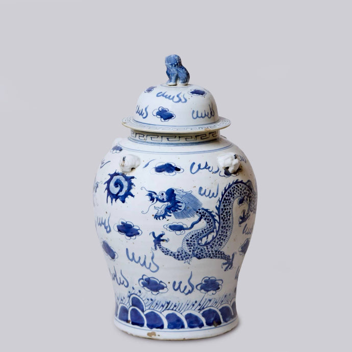 Blue and White Porcelain Dragon Temple Jar Sculpture & Decorative Art Cobalt Guild 