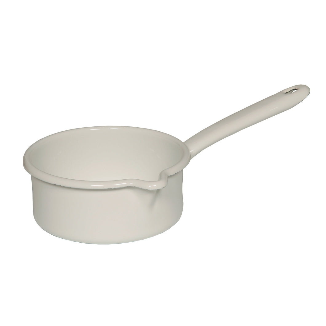Side angeld view of a white sauce pan with a white handle and rolled edge that has a spout on one side.