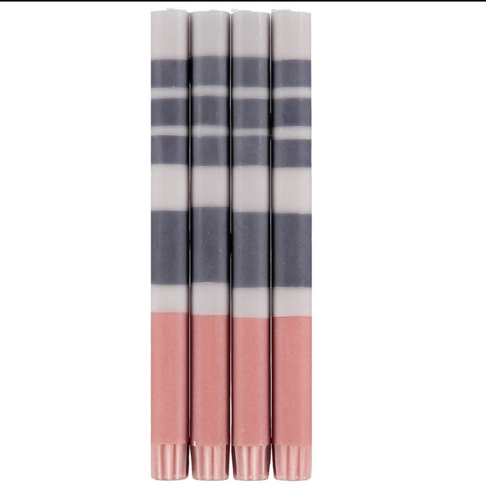 STRIPED Gull, Gunmetal Grey & Old Rose Eco Dinner Candles, Gift Box of 4 Candles & Matches British Colour Standard 