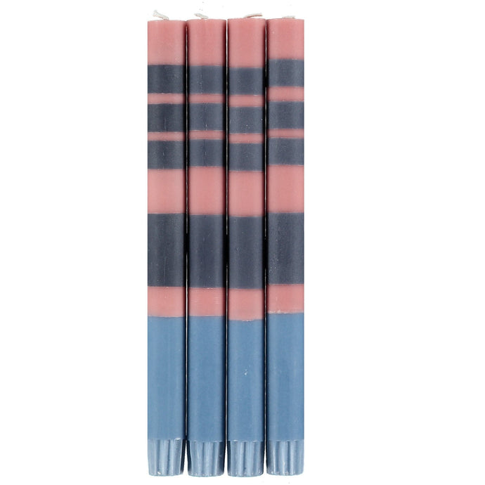 STRIPED Old Rose, Indigo and Pompadour Eco Dinner Candles, Gift Box of 4 Candles & Matches British Colour Standard 