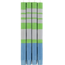 Load image into Gallery viewer, STRIPED Nanking Blue, Grass Green &amp; Willow Grey Eco Dinner Candles, Gift Box of 4 Candles &amp; Matches British Colour Standard 
