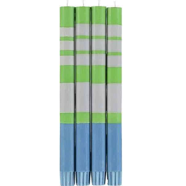 STRIPED Nanking Blue, Grass Green & Willow Grey Eco Dinner Candles, Gift Box of 4 Candles & Matches British Colour Standard 