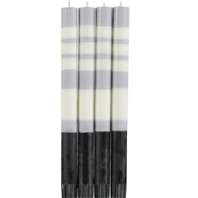 Load image into Gallery viewer, STRIPED Jet Black, Pearl White &amp; Dove Grey Eco Dinner Candles, Gift Box of 4 Candles &amp; Matches British Colour Standard 
