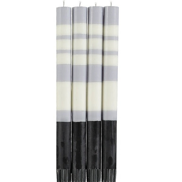 STRIPED Jet Black, Pearl White & Dove Grey Eco Dinner Candles, Gift Box of 4 Candles & Matches British Colour Standard 