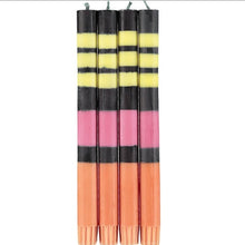 Load image into Gallery viewer, STRIPED STRIPED Jet Black, Orange Flame, Neyron &amp; Sulphur Yellow Flame Eco Dinner Candles, Gift Box of 4 Candles &amp; Matches British Colour Standard 
