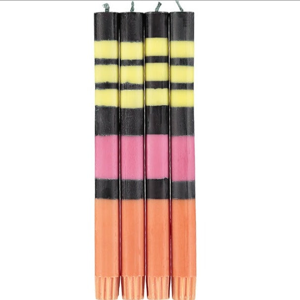 STRIPED STRIPED Jet Black, Orange Flame, Neyron & Sulphur Yellow Flame Eco Dinner Candles, Gift Box of 4 Candles & Matches British Colour Standard 