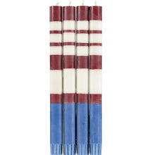 Load image into Gallery viewer, STRIPED Guardsman Red, Pearl &amp; Royal Blue Eco Dinner Candles, Gift Box of 4 Candles &amp; Matches British Colour Standard 
