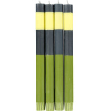 Load image into Gallery viewer, ABSTRACT Striped Olive, Indigo &amp; Jasmine Eco Dinner Candles, Gift Box of 4 Candles &amp; Matches British Colour Standard 
