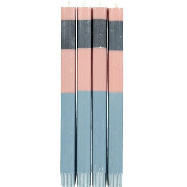 ABSTRACT Striped Old Rose, Pompadour & Indigo Eco Dinner Candles, Gift Box of 4 Candles & Matches British Colour Standard 