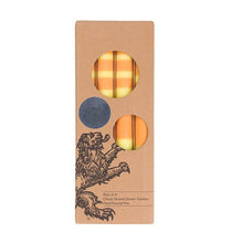 Load image into Gallery viewer, STRIPED Grass, Primrose &amp; Saffron Pack Eco Dinner Candles, Gift Box of 4 Candles &amp; Matches British Colour Standard 
