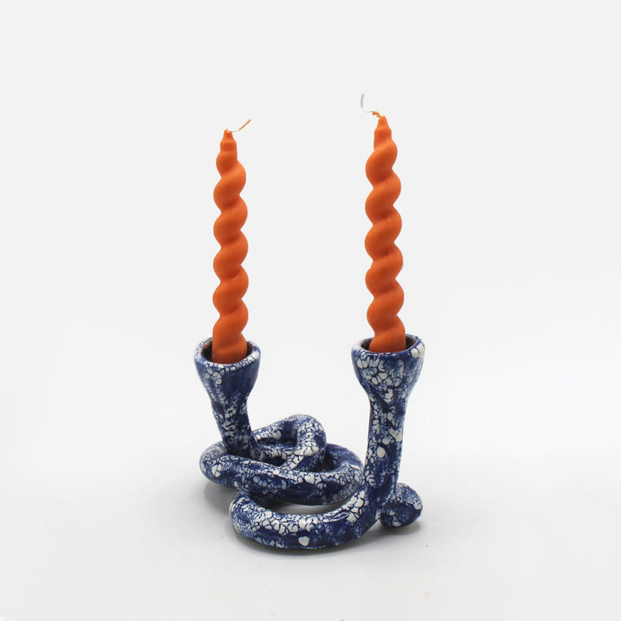 White and Blue Crawl Twist Double Taper Candle Holder Julia Elsas 