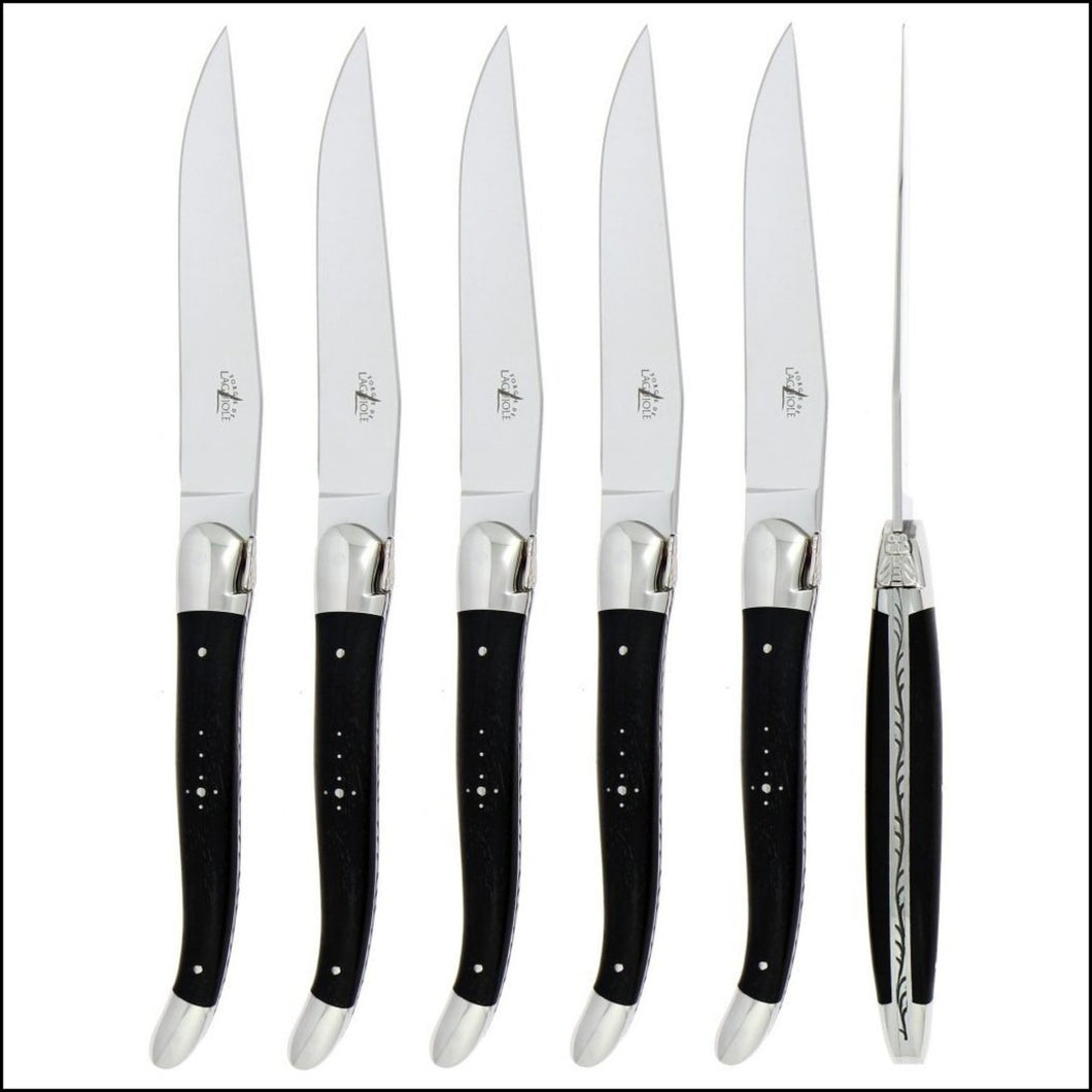 Laguiole 6 Piece Steak Knife Set Ebony Wood Satin Finish TABLE KNIVES Never Under LLC 