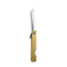Load image into Gallery viewer, A vertical view of an open folding knife, the handle is brass with Japanese kanji characters.
