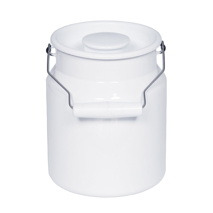 Angled side view of a white enamel milk can with a white handle on grey wire.