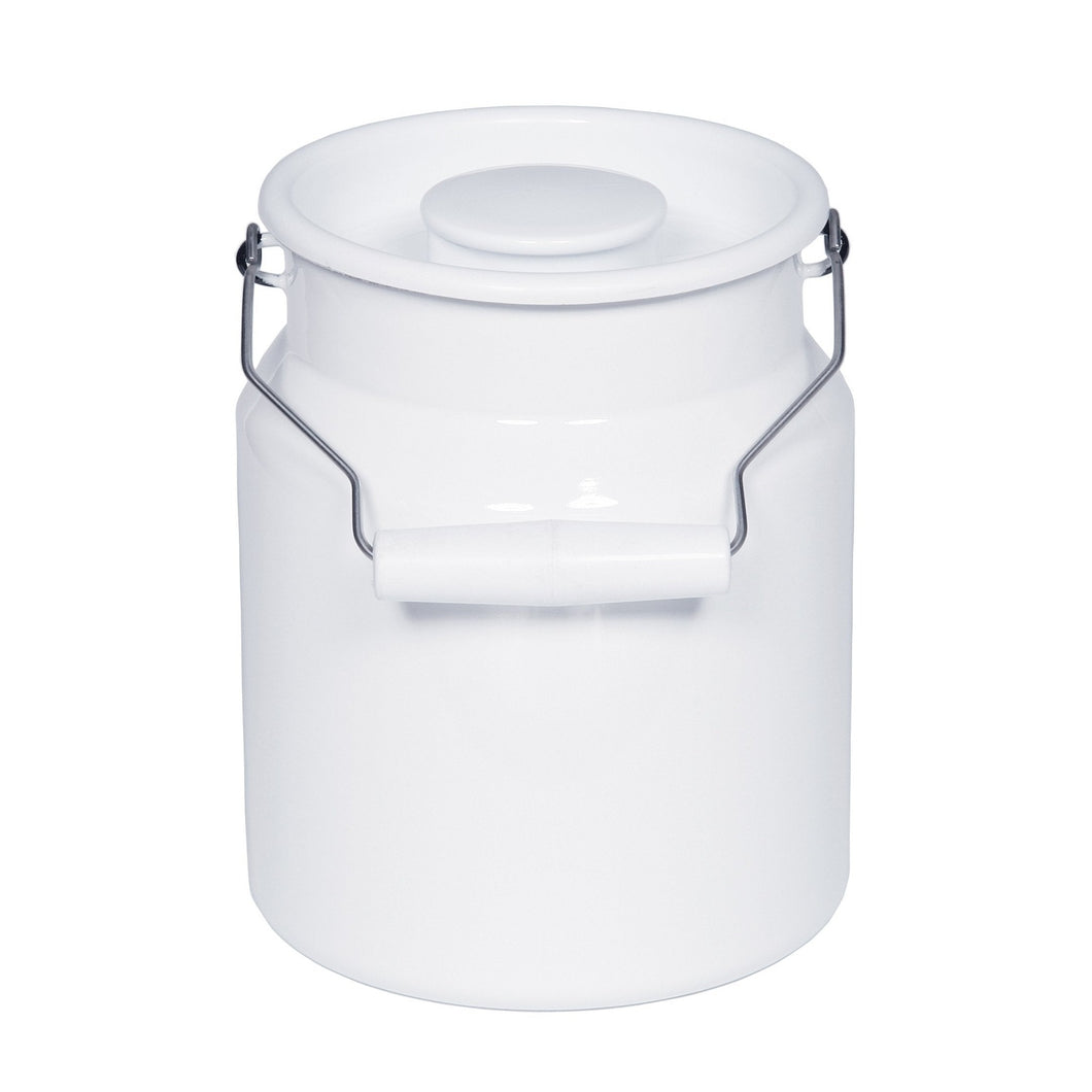 Angled side view of a white enamel milk can with a white handle on grey wire.