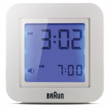 Load image into Gallery viewer, Front view of white digital clock against a white background. The clock face LCD screen is backlit.
