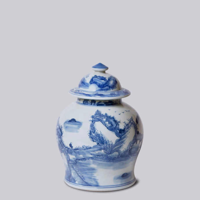 Medium Blue and White Porcelain Landscape Temple Jar Sculpture & Decorative Art Cobalt Guild 