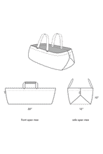 Load image into Gallery viewer, Three greyscale drawn diagrams of Aplat&#39;s market tote. The top diagram shows the tote in 3 dimensions. The bottom left diagram is the front open view noting that the tote is 30&quot; long; the bottom right diagram is the side open view noting that the tote is 10&quot; high and 15&quot; wide
